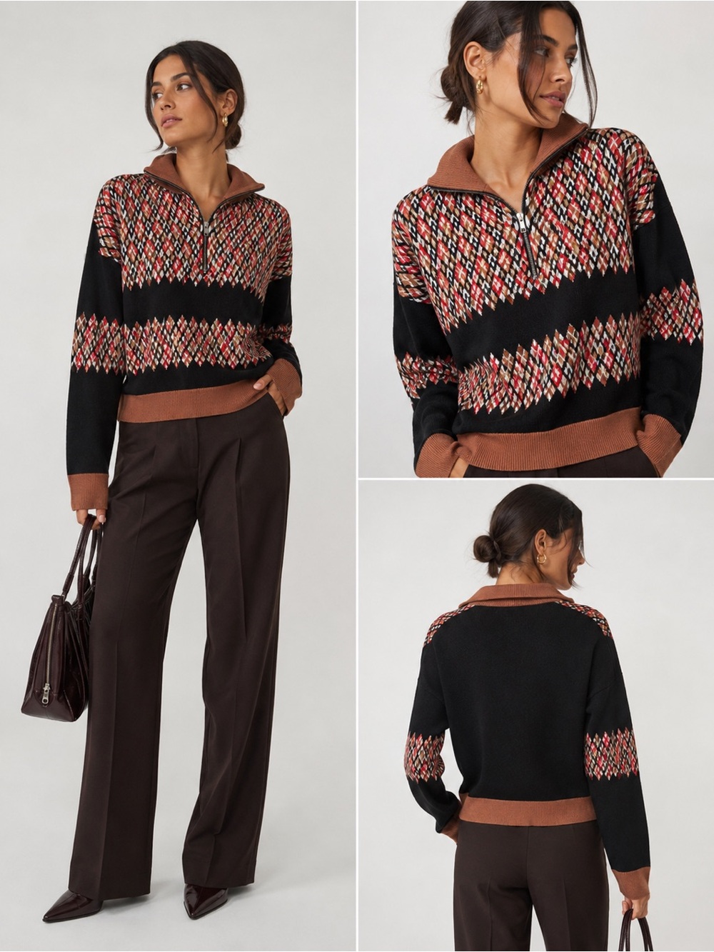 Marni Brown Multicolor Diamond Knit Half-Zip Pullover